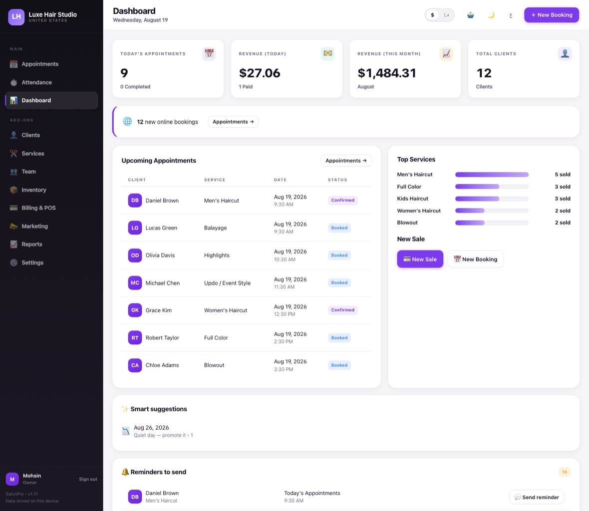 Owner dashboard — today at a glance